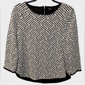 🚨W5 Anthropology Black/White Fringe Hem 3/4 Sleeve Geometric Blouse Sz. Small🚨